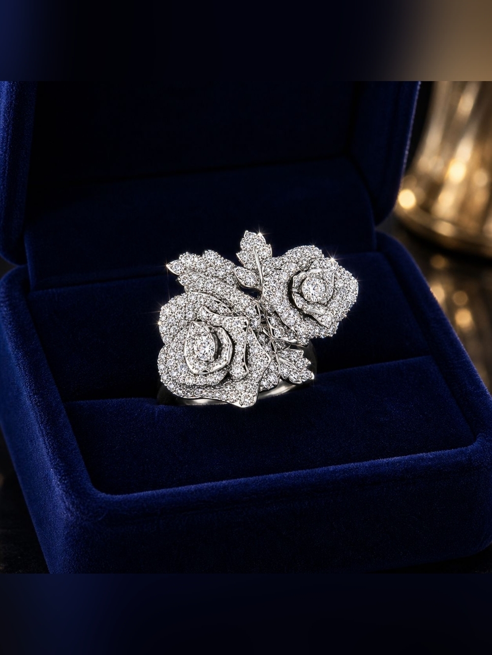 Diamond Floral Double Rose Ring - White Silver Tone